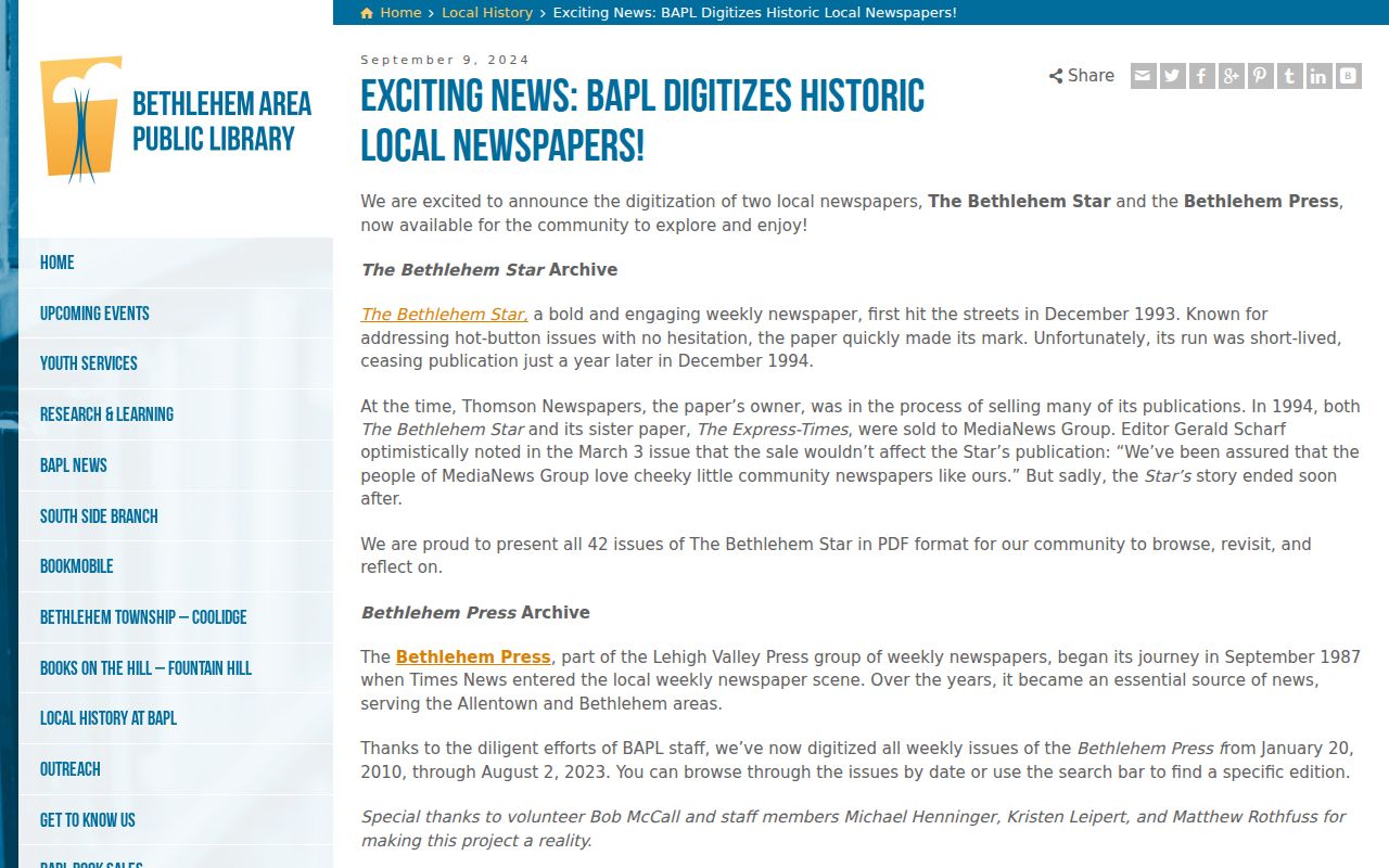 Bethlehem previous residents newspaper digitization at BAPL