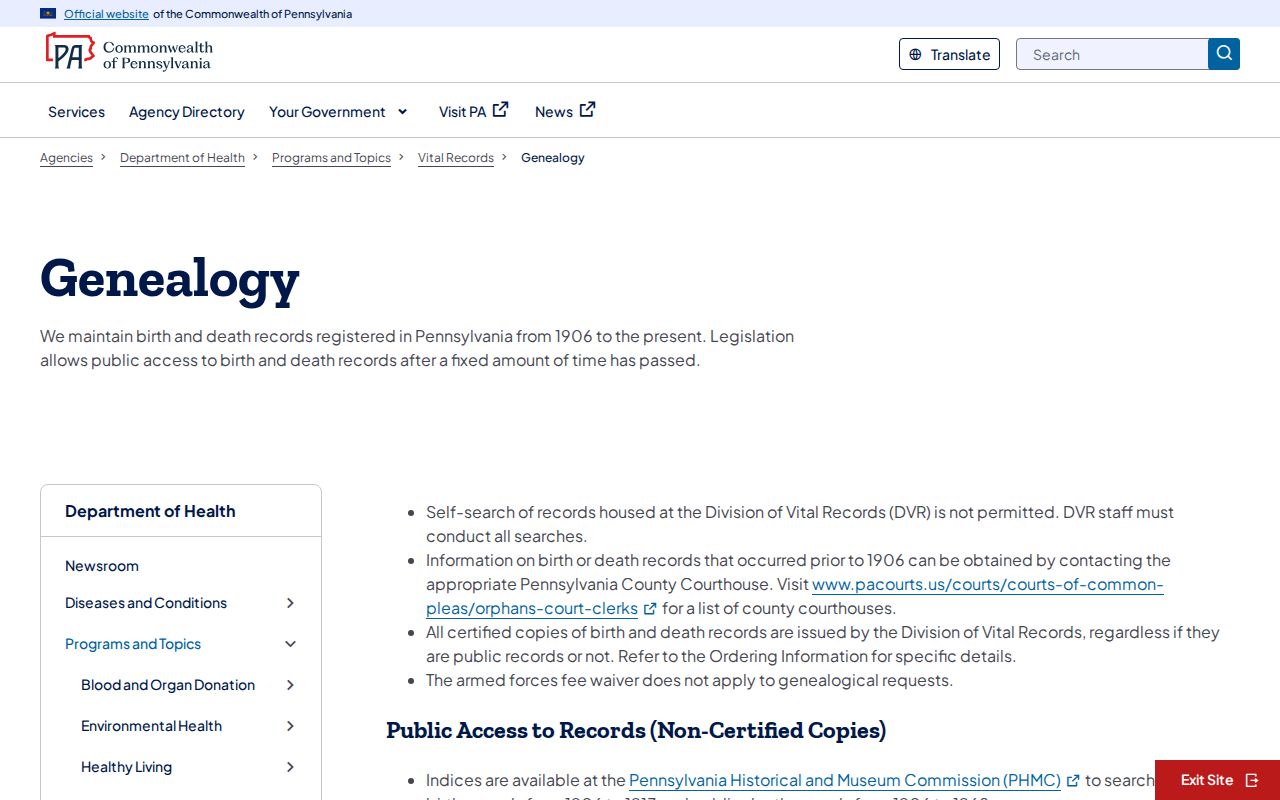 Bethlehem resident lookup Pennsylvania vital records genealogy access page